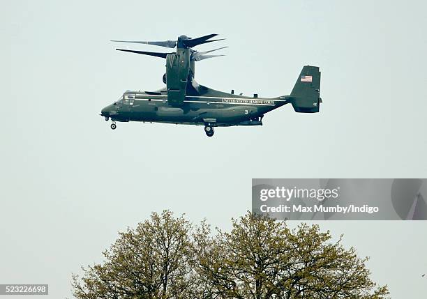 Marine Corps MV-22 Osprey aircraft, which makes up part of Marine Helicopter Squadron One , arrives at Windsor Castle as part of the ariel squadron...