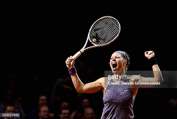 Laura Siegemund of Germany celebrates match point in her match against Roberta Vinci of Italy during Day 5 of the Porsche Tennis Grand Prix at...