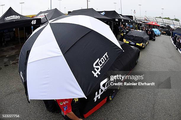 Detailed view of an umbrella in the garage area as it rains at Richmond International Raceway on April 22, 2016 in Richmond, Virginia.