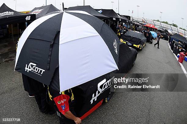 Detailed view of an umbrella in the garage area as it rains at Richmond International Raceway on April 22, 2016 in Richmond, Virginia.