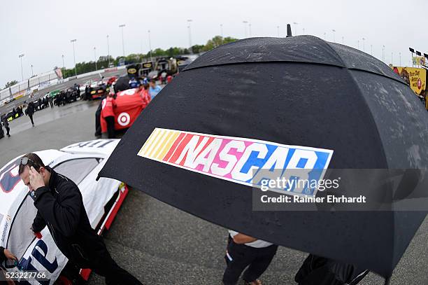 Detailed view of an umbrella in the garage area as it rains at Richmond International Raceway on April 22, 2016 in Richmond, Virginia.