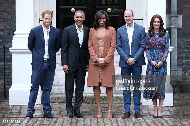 Prince Harry, US President Barack Obama, First Lady Michelle Obama, Prince William, Duke of Cambridge and Catherine, Duchess of Cambridge pose as...