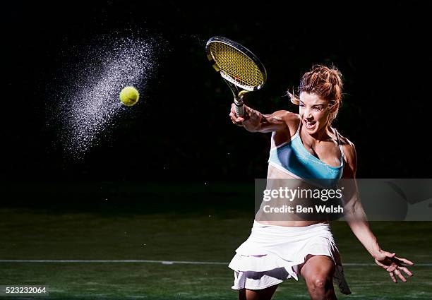 tenis player and ball at high speed. - tennis racquet stock pictures, royalty-free photos & images