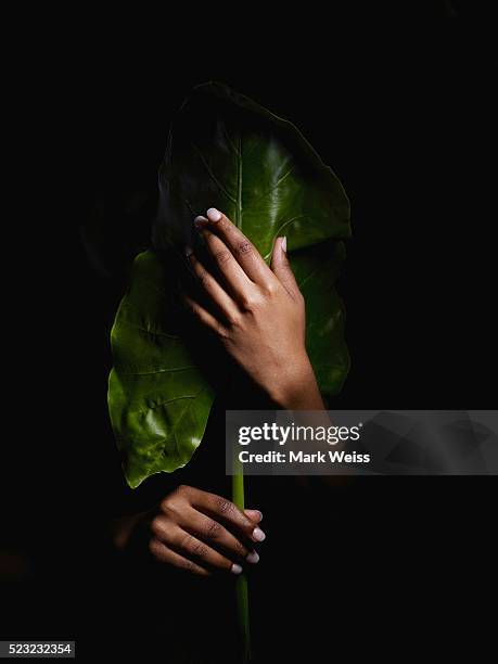 woman holding leaf - clair obscur stockfoto's en -beelden