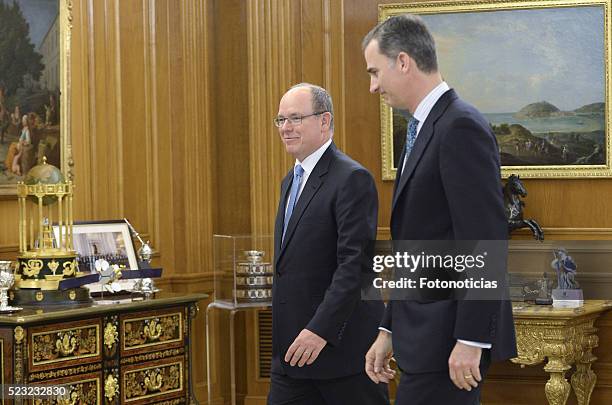 King Felipe VI of Spain receives Prince Albert II of Monaco at Zarzuela Palace on April 22, 2016 in Madrid, Spain.