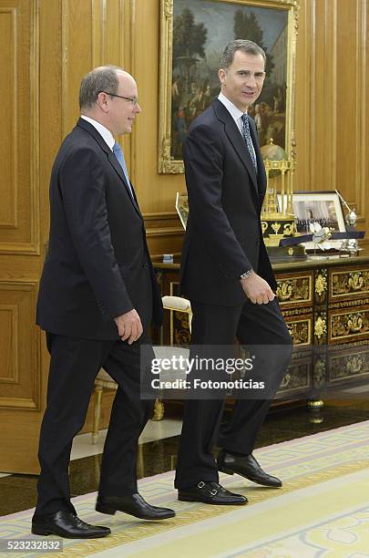 King Felipe VI of Spain receives Prince Albert II of Monaco at Zarzuela Palace on April 22, 2016 in Madrid, Spain.