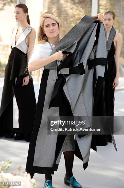 Amanda Svart Sweden fashion designer speaks with jury members as models present her creations to the jury during the 31th edition of the Festival of...
