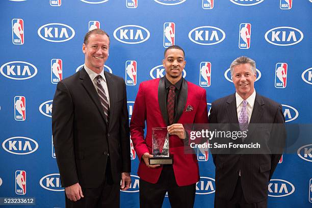 Head Coach Terry Stotts and General Manager Neil Olshey joins CJ McCollum of the Portland Trail Blazers as he receives the 2015-16 Most Improved...