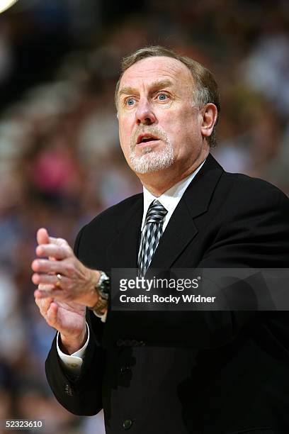 Sacramento Kings head coach Rick Adelmans relays a message to his team on the court against the Memphis Grizzlies on March 8, 2005 at Arco Arena in...