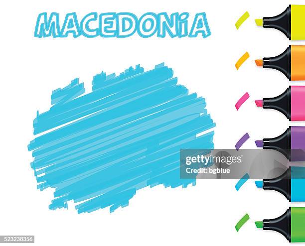 macedonia map hand drawn on white background, blue highlighter - skopje stock illustrations