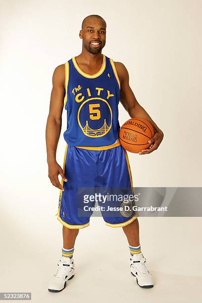Baron Davis of the Golden State Warriors poses for a portrait prior to the Warriors game against the Philadelphia 76ers on March 8, 2005 at the...