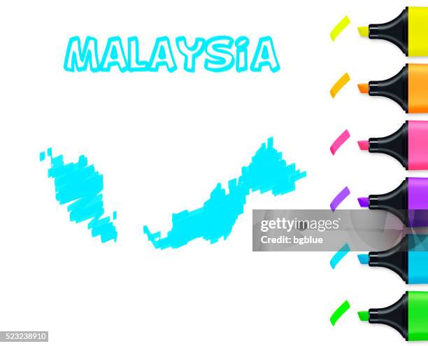 malaysia map hand drawn on white background, blue highlighter - drawn map marker stock illustrations