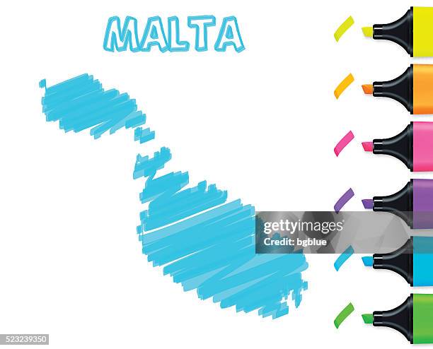 malta map hand drawn on white background, blue highlighter - malta stock illustrations