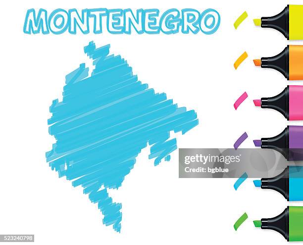 montenegro map hand drawn on white background, blue highlighter - podgorica stock illustrations