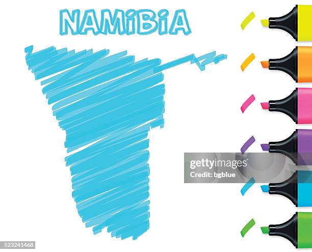 namibia map hand drawn on white background, blue highlighter - windhoek namibia stock illustrations