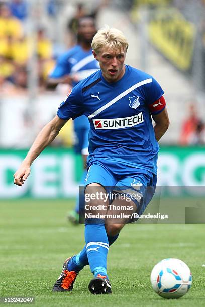 Andreas Beck of Hoffenheim in action with the ball during the Bundesliga match between 1899 Hoffenheim and Borussia Dortmund at Wirsol...