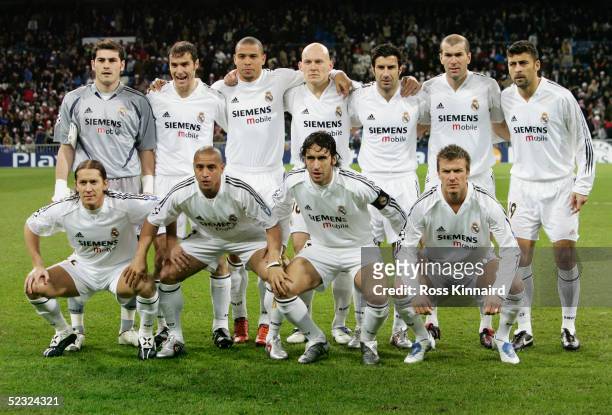 Real Madrid team line up prior to the UEFA Champions League match between Real Madrid and Juventus at The Bernabeu Stadium on February 22, 2005 in...