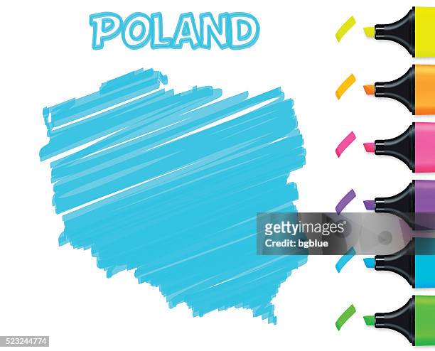 illustrazioni stock, clip art, cartoni animati e icone di tendenza di polonia mappa disegno a mano libera su sfondo bianco, blu evidenziatore - polonia