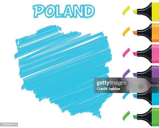 poland map hand drawn on white background, blue highlighter - poland map stock illustrations