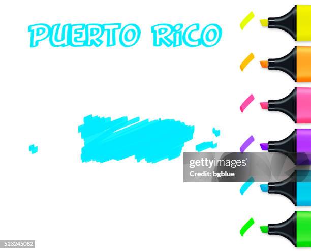 puerto rico map hand drawn on white background, blue highlighter - scribble font stock illustrations