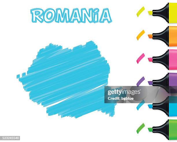 romania map hand drawn on white background, blue highlighter - bucharest stock illustrations