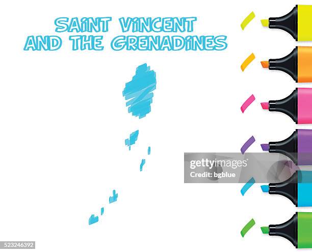 saint vincent and grenadines map drawn, white background, blue highlighter - tobago cays grenadines stock illustrations