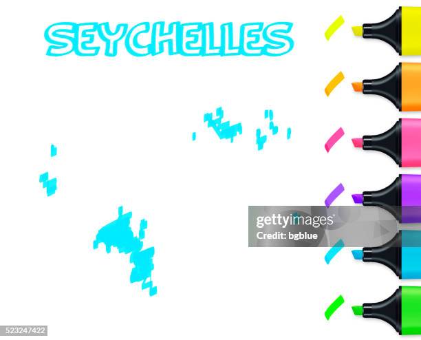 seychelles map hand drawn on white background, blue highlighter - seychelles map stock illustrations
