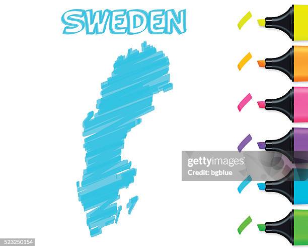 sweden map hand drawn on white background, blue highlighter - felt stock illustrations