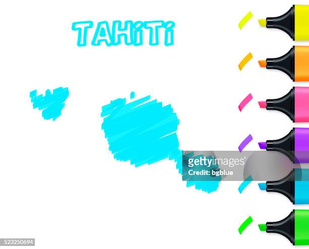 illustrazioni stock, clip art, cartoni animati e icone di tendenza di tahiti, polinesia mappa disegnato a mano libera, sfondo bianco, blu evidenziatore - tahiti