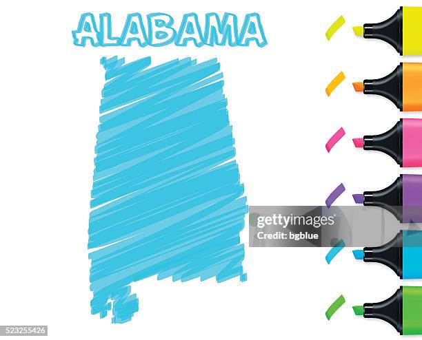 alabama map hand drawn on white background, blue highlighter - montgomery alabama stock illustrations