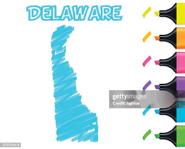 delaware map hand drawn on white background, blue highlighter - wilmington delaware stock illustrations