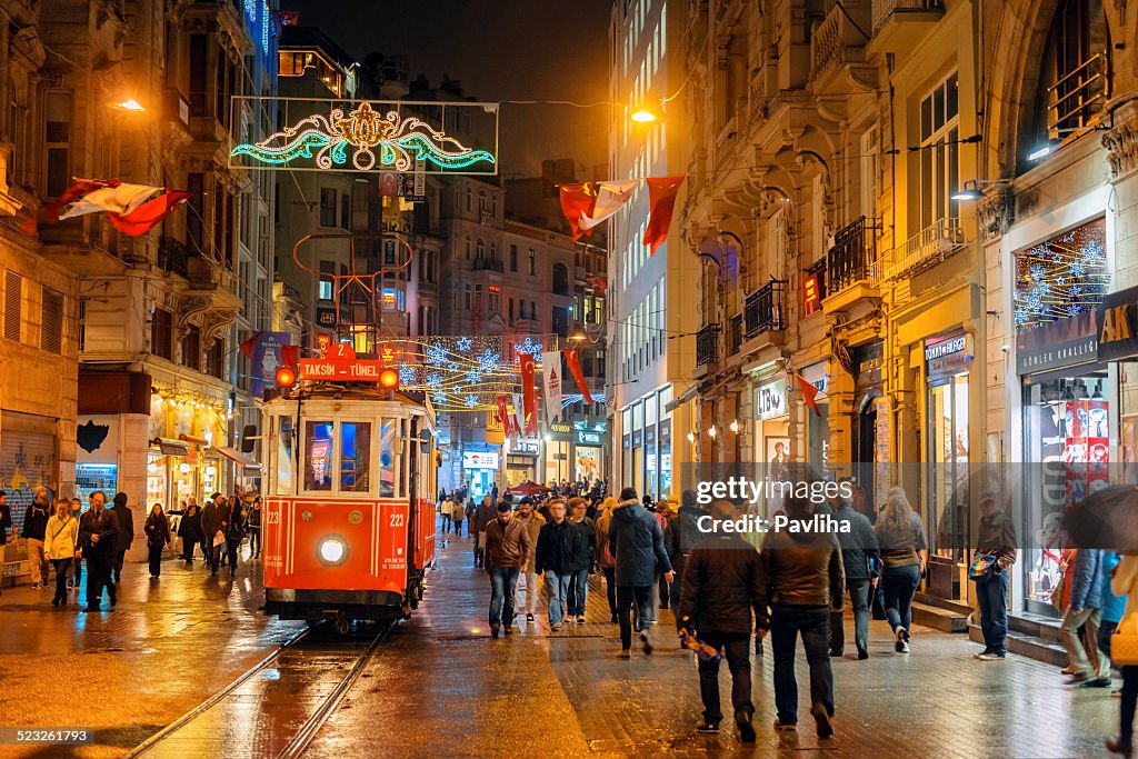 Christmas Lights, National Flags and Tramway in Istanbul, Turkey