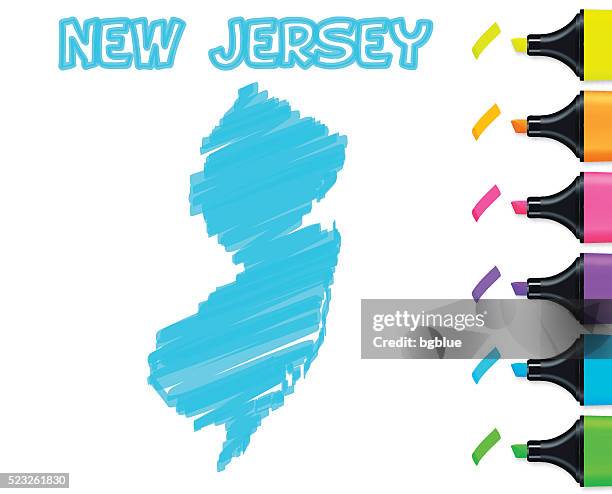 new jersey map hand drawn on white background, blue highlighter - white jersey stock illustrations