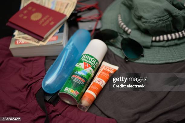 travel essentials - fly spray stock pictures, royalty-free photos & images