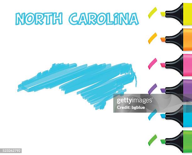 north carolina map hand drawn on white background, blue highlighter - raleigh stock illustrations