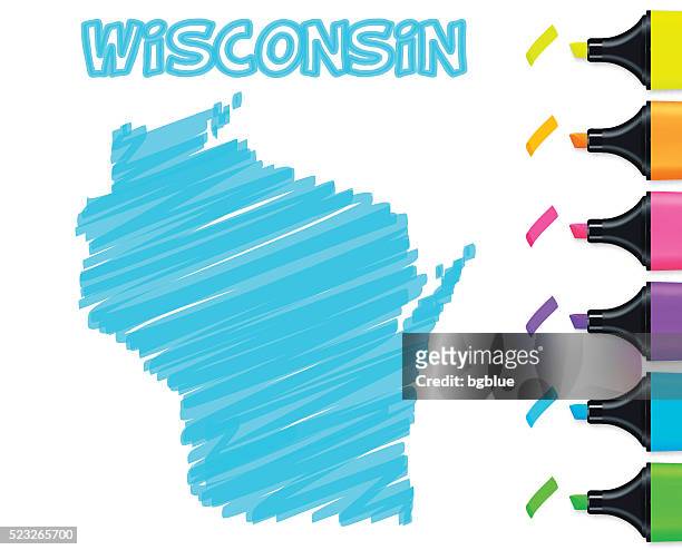 wisconsin karte handgezeichnet auf weißem hintergrund, blau textmarker - milwaukee county wisconsin stock-grafiken, -clipart, -cartoons und -symbole