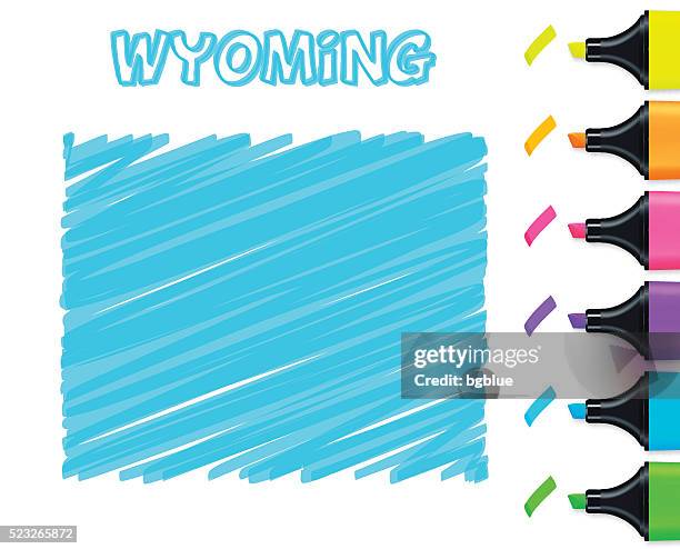wyoming map hand drawn on white background, blue highlighter - blue felt tip pen stock illustrations