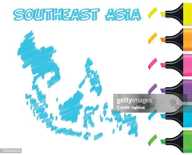 southeast asia map hand drawn on white background, blue highlighter - philippine map drawing stock illustrations
