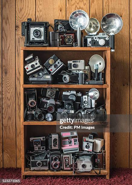 bookcase with many vintage cameras - antique collection stock pictures, royalty-free photos & images