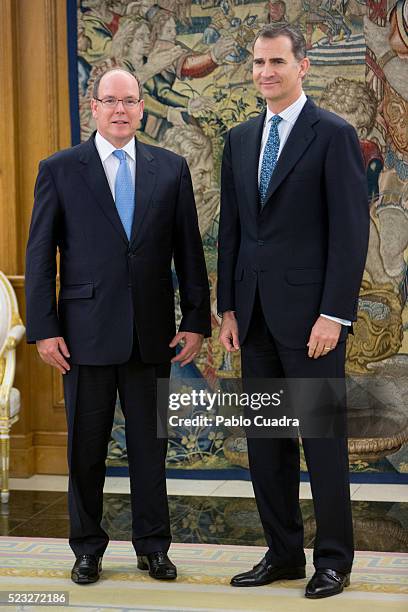 King Felipe VI of Spain recives Prince Albert II of Monaco at Zarzuela Palace on April 22, 2016 in Madrid, Spain.