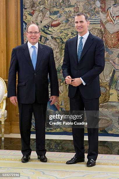 King Felipe VI of Spain recives Prince Albert II of Monaco at Zarzuela Palace on April 22, 2016 in Madrid, Spain.