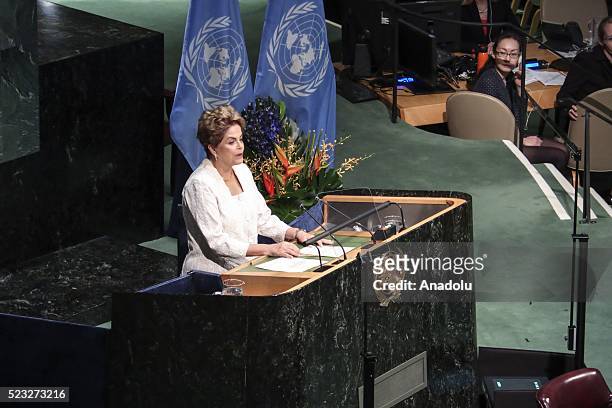 Dilma Rousseff, President of Brazil, speaks before signing Paris Agreement on climate change at the United Nations Headquarters in New York on April...