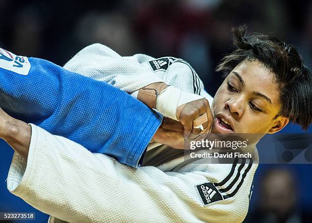 Nekoda Smythe Davis of Great Britain gets to grips with Nora Gjakova of Kosovo for the u57kg bronze medal but lost the match by a wazari during the...