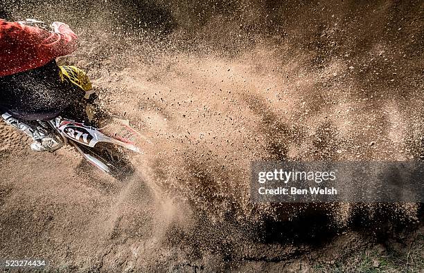 motorcyclist in action from bird's eye perspective - motocross ストックフォトと画像