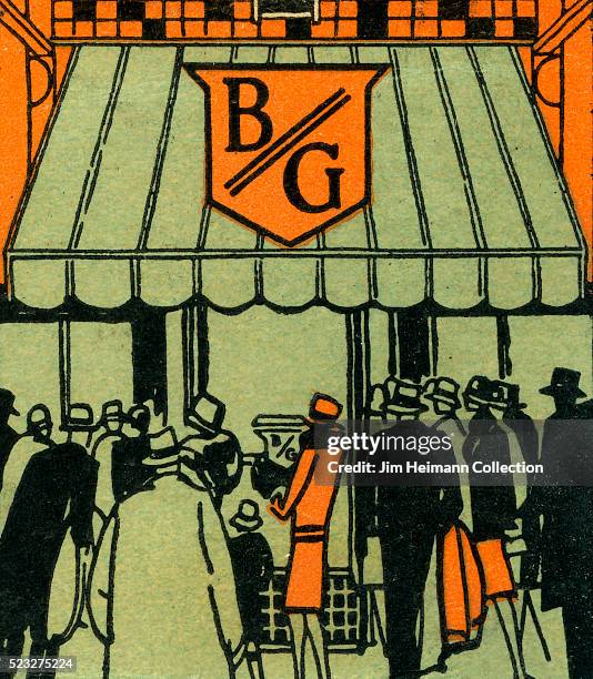 Matchbook image of crowd heading towards storefront.