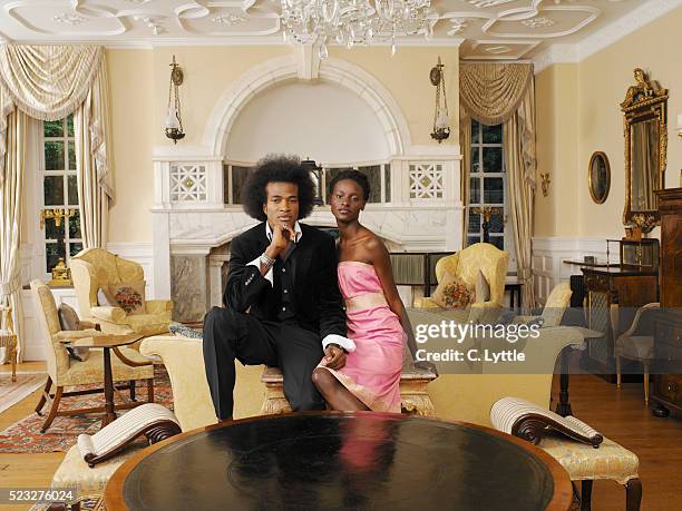 couple in drawing room - millionaire drawing stock pictures, royalty-free photos & images