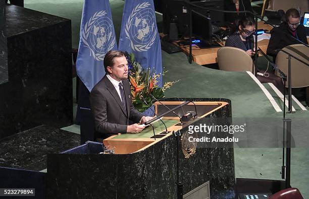 Actor Leonardo DiCaprio, designated UN Messenger of Peace, speaks at the United Nations Signing Ceremony for the Paris Agreement climate change at...