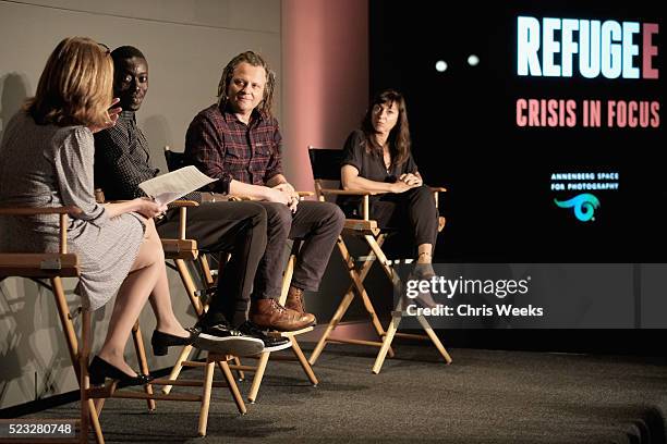 S Paris correspondent, Eleanor Beardsley and featured photographers Omar Victor Diop, Martin Schoeller and Lynsey Addario speak onstage during the...