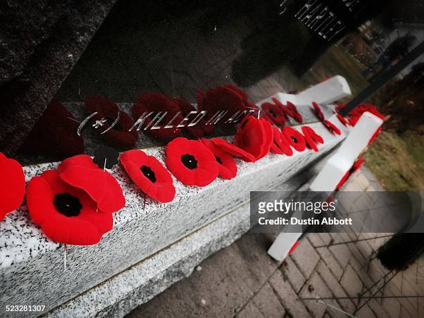 Poppies placed in memorial to the fallen at the conclusion on a Remembrance Day ceremony in rural New Brunswick, Canada. Hundreds of people came from...