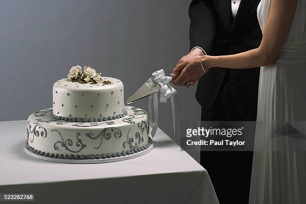 newlyweds cutting their wedding cake - ent stockfoto's en -beelden